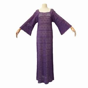 VTG 1960’s Cotton Crochet Maxi Dress, Grape Goddess, Bell Sleeves